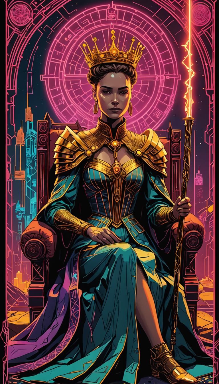 Queen of Wands Tarot Card in Cyberpunk Style