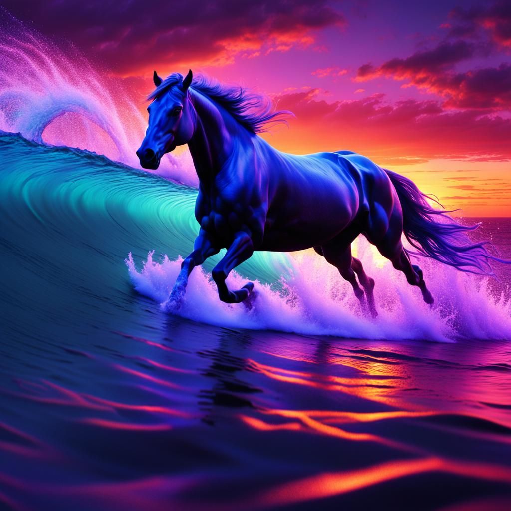 Glowing Ocean Wave with Futuristic Horse Hybrids