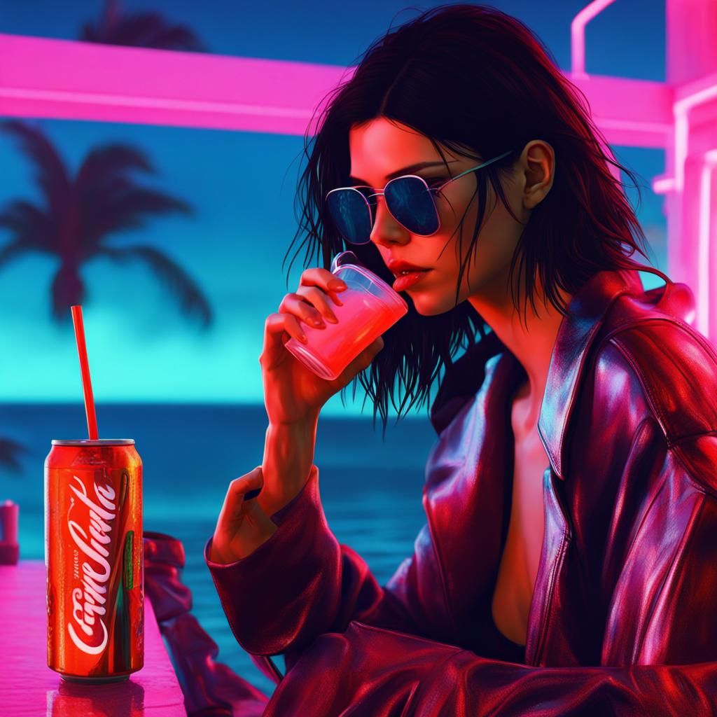 Cyberpunk Beach Scene with Soda