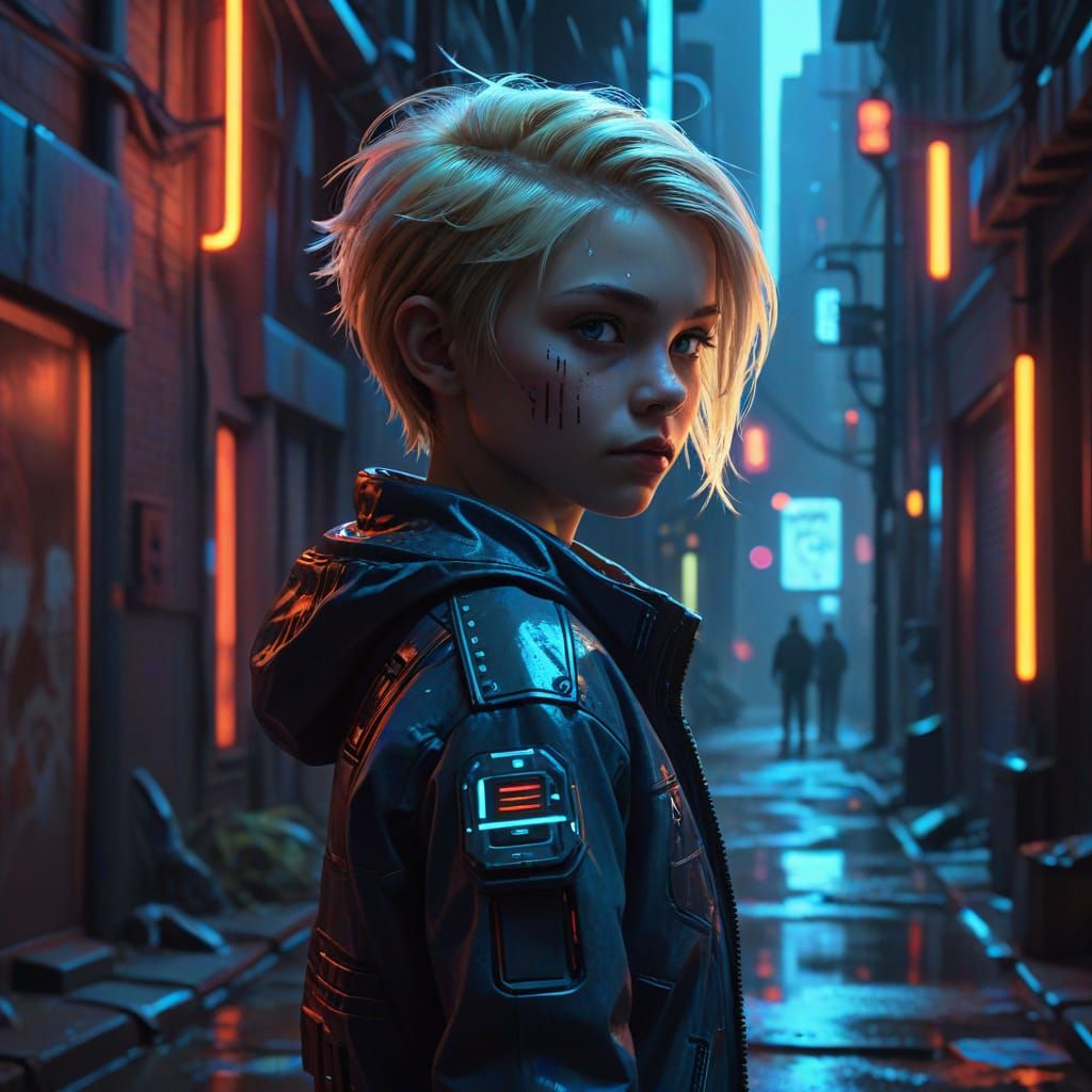 Neon-Lit Child in Cyberpunk Alleyway Digital Painting