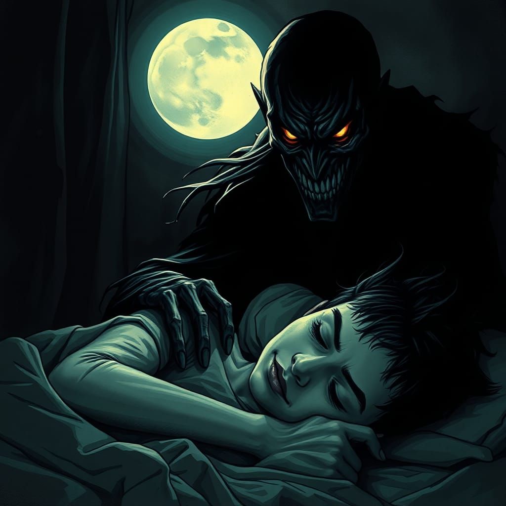 Boogeyman Looms Over Sleeper in Dark Gothic Style