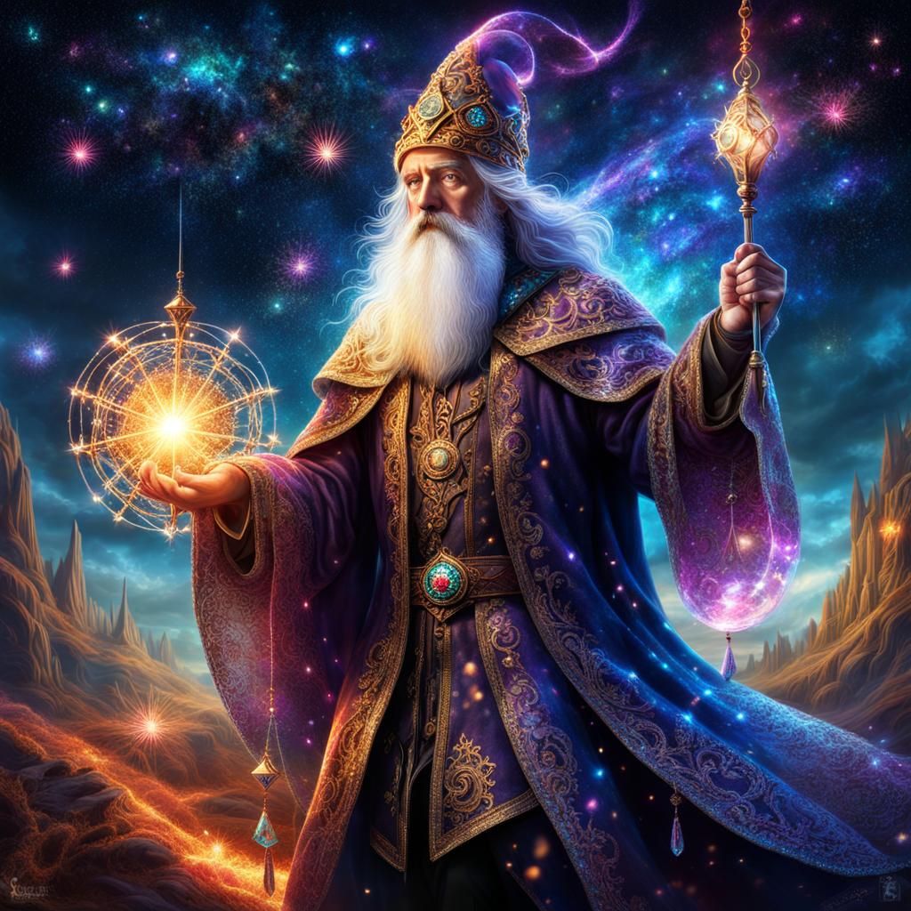 Ragged Wizard in Cosmic Landscape with Crystal Details