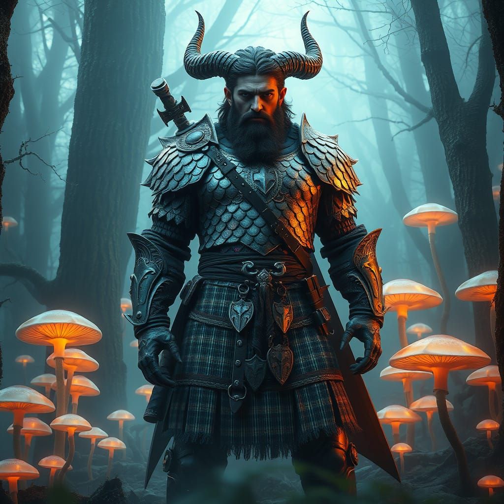 Ethereal Warrior in Iridescent Dragon Scale Armor Amidst Anc...