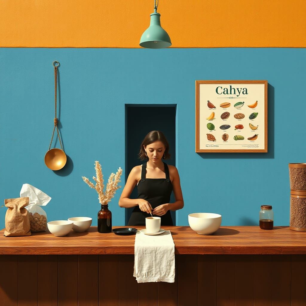 Surrealist Abstract Farmstand in Blue and Coffee