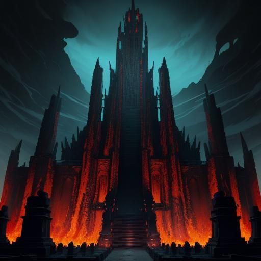 Creepy Dark Temple with Lava River, Anime Style