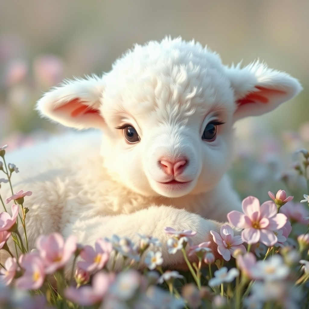 Serene Lamb in Wildflowers, Storybook Illustration