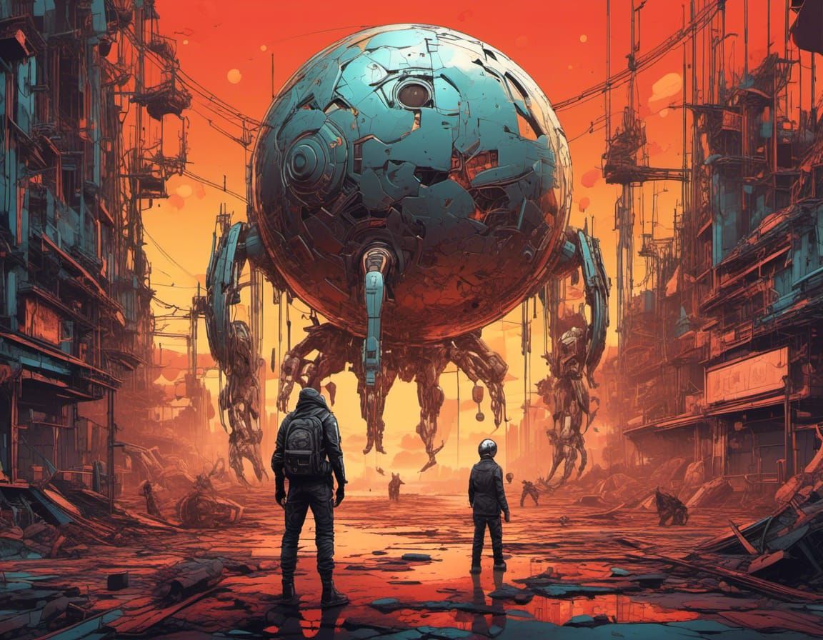 Burning Sphere in Cyberpunk Dystopian Sunset