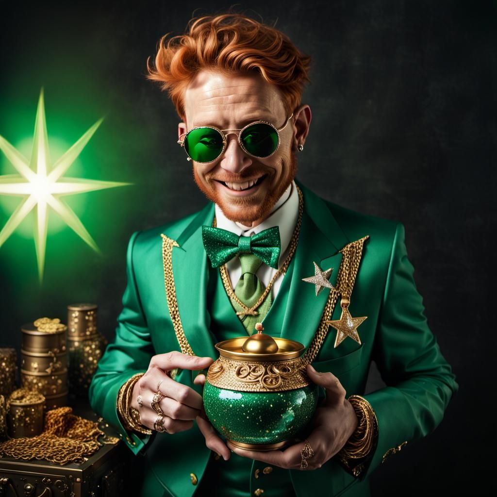 Bejeweled Leprechaun Posing with Treasure Pot