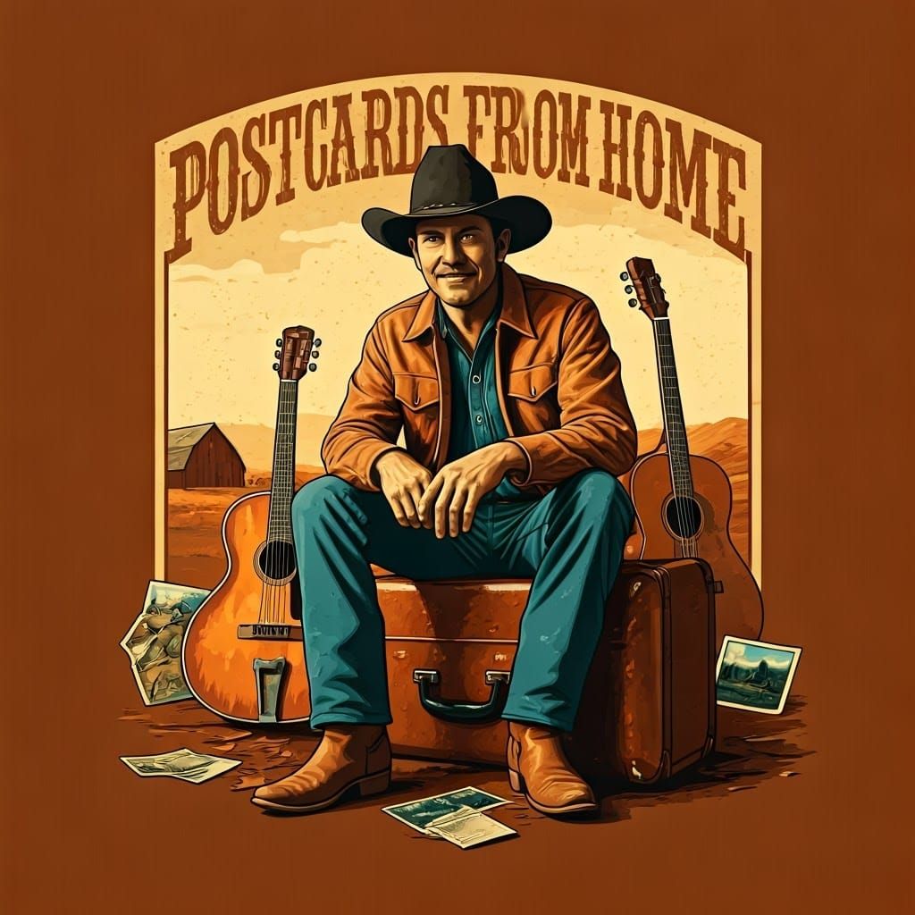 Country Singer with Vintage Suitcase and Postcards