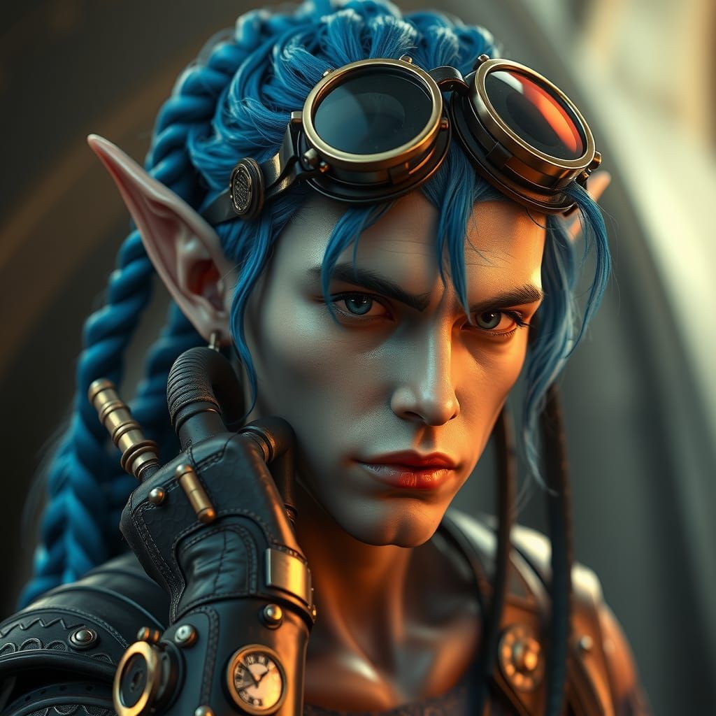 Steampunk Elf with Braids and Metallic Goggles