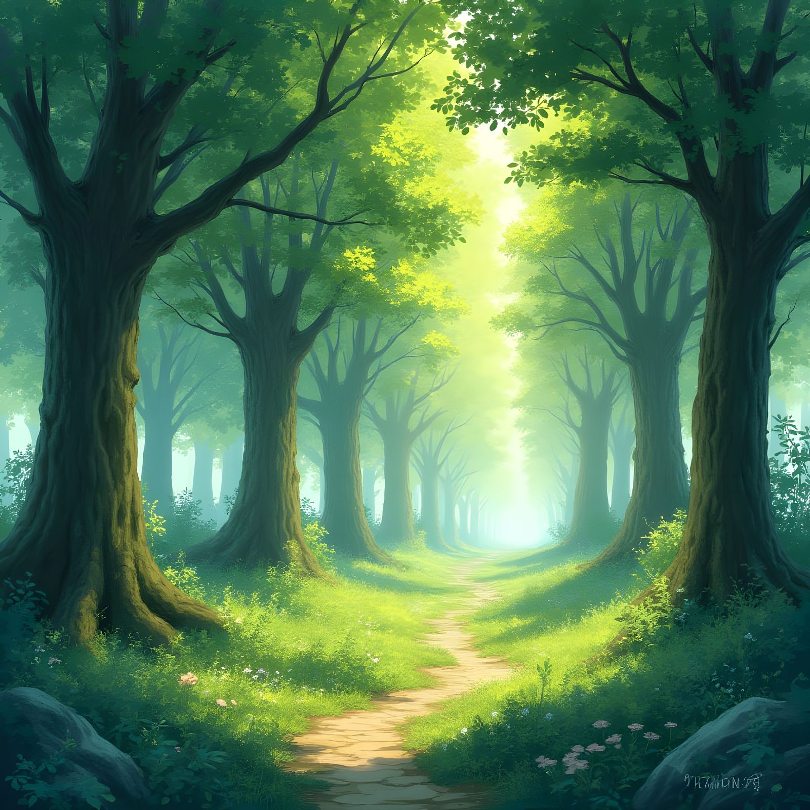 Whimsical Forest Scene in Ghibli Watercolor Style