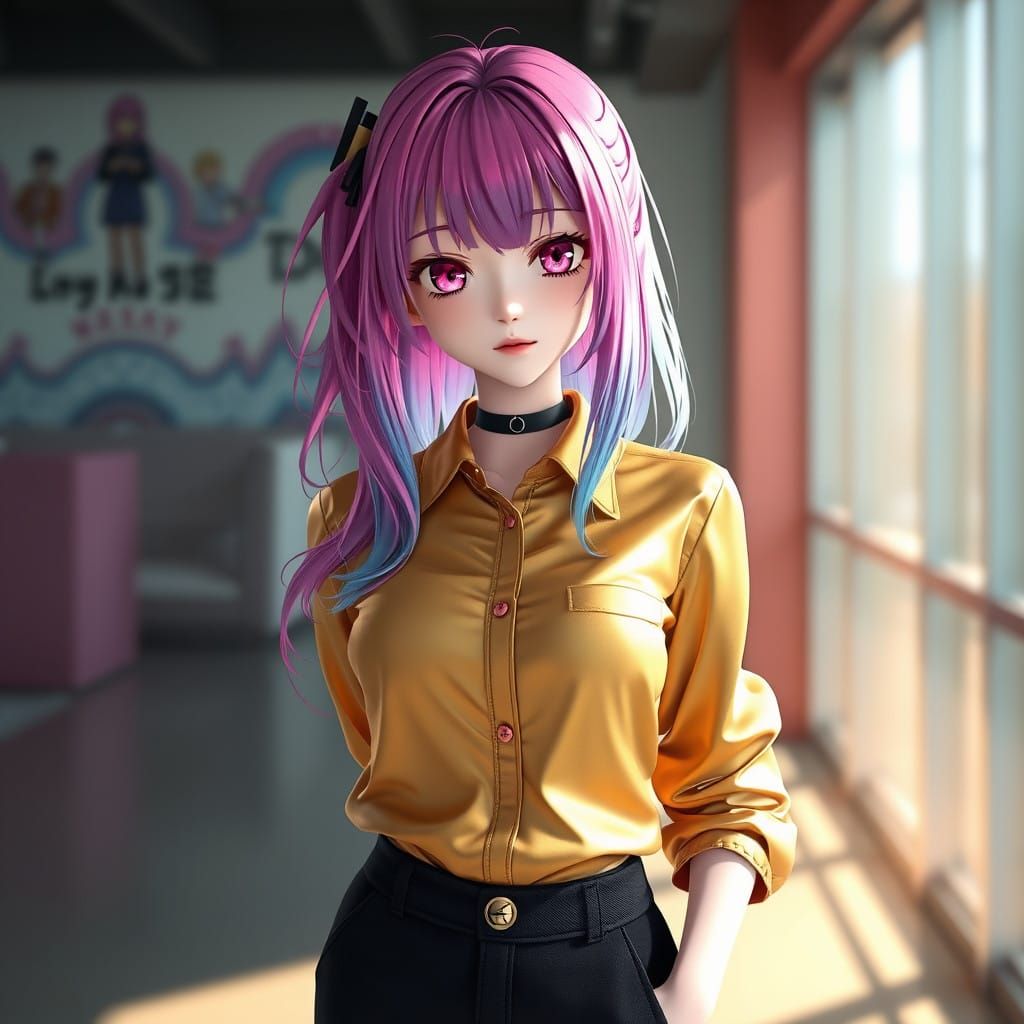 Cyberpunk Woman in Rainbow Hair and Gold Accents