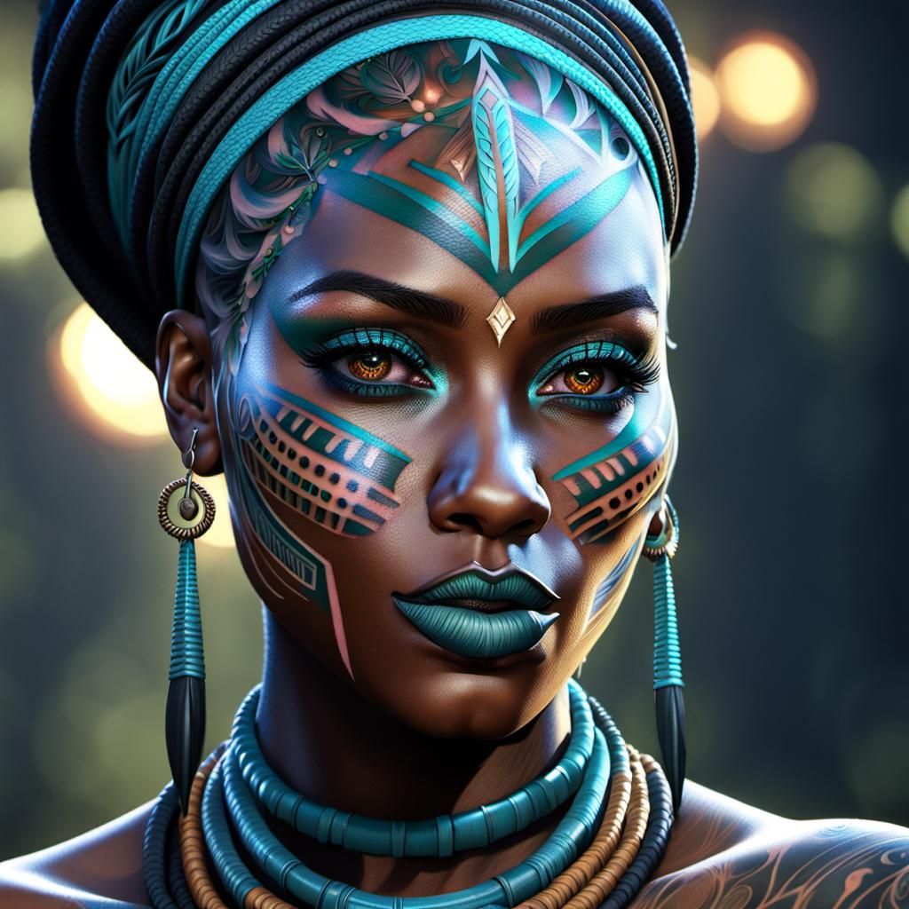 African Tribal Girl Portrait with Face Tattoo