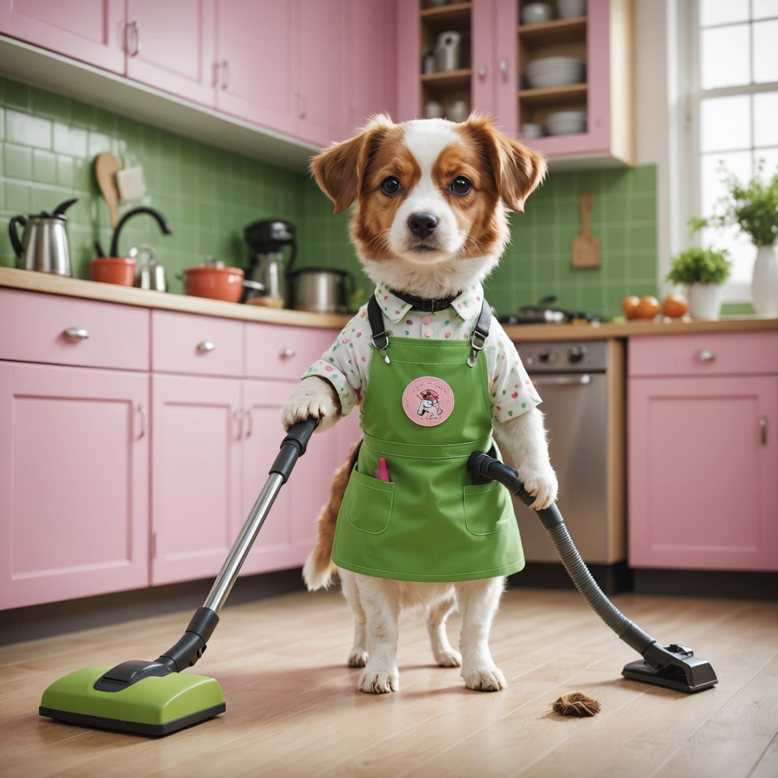 Cute Dog in Playful Apron Vacuuming Scene