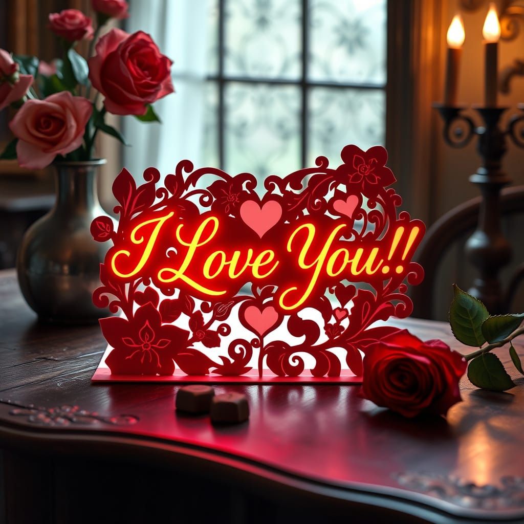 Romantic Kirigami Valentine's Day Card in Glowing Calligraph...