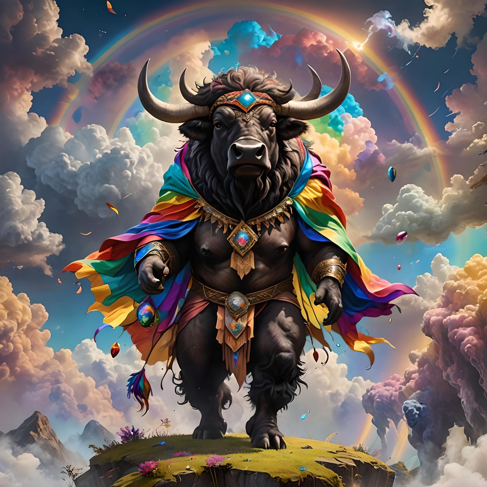 Fairy Buffalo on Rainbow Clouds: Fantasy Concept Art