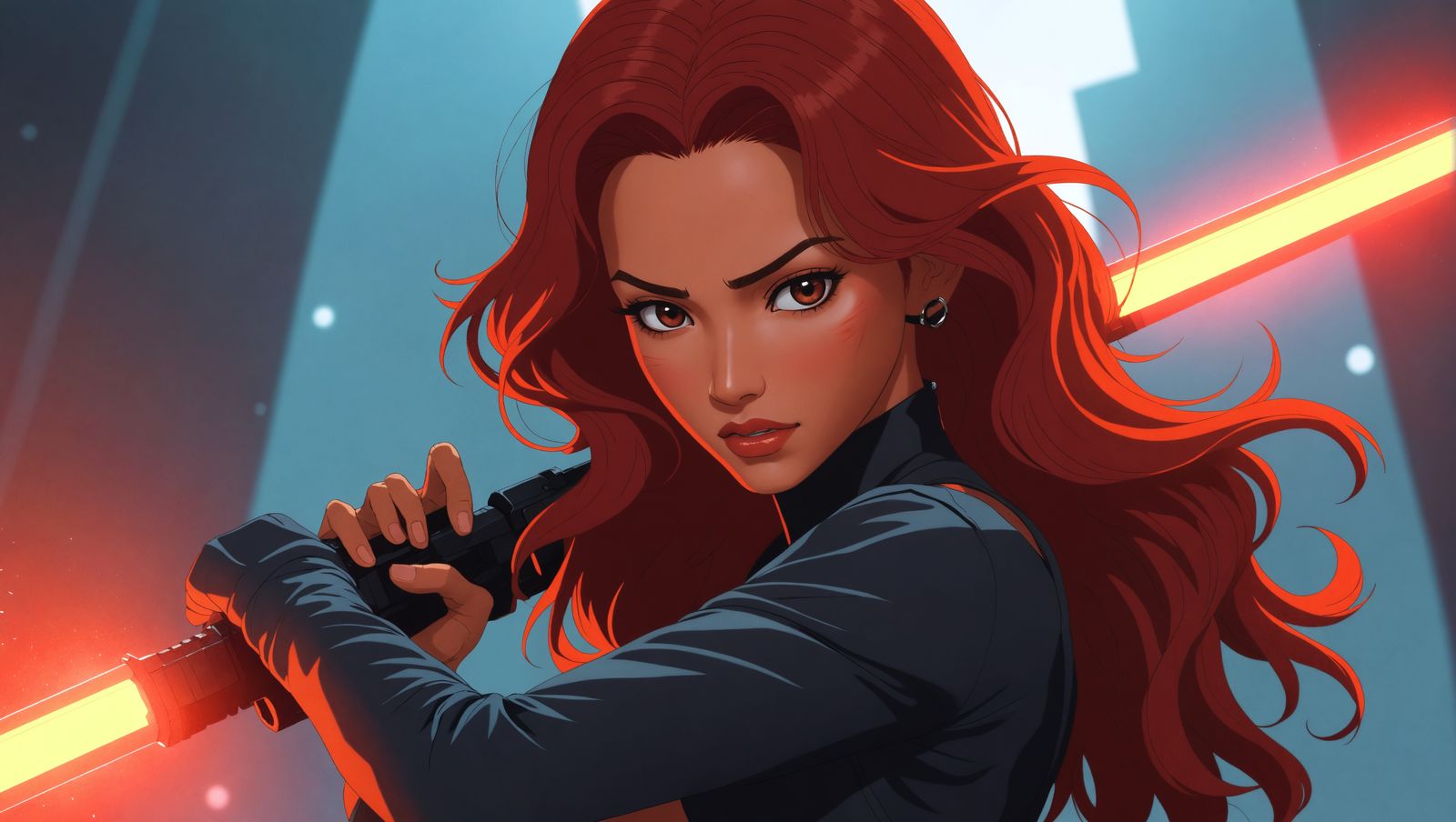 Filipino Woman with Cyber Sword in 90s Anime Style