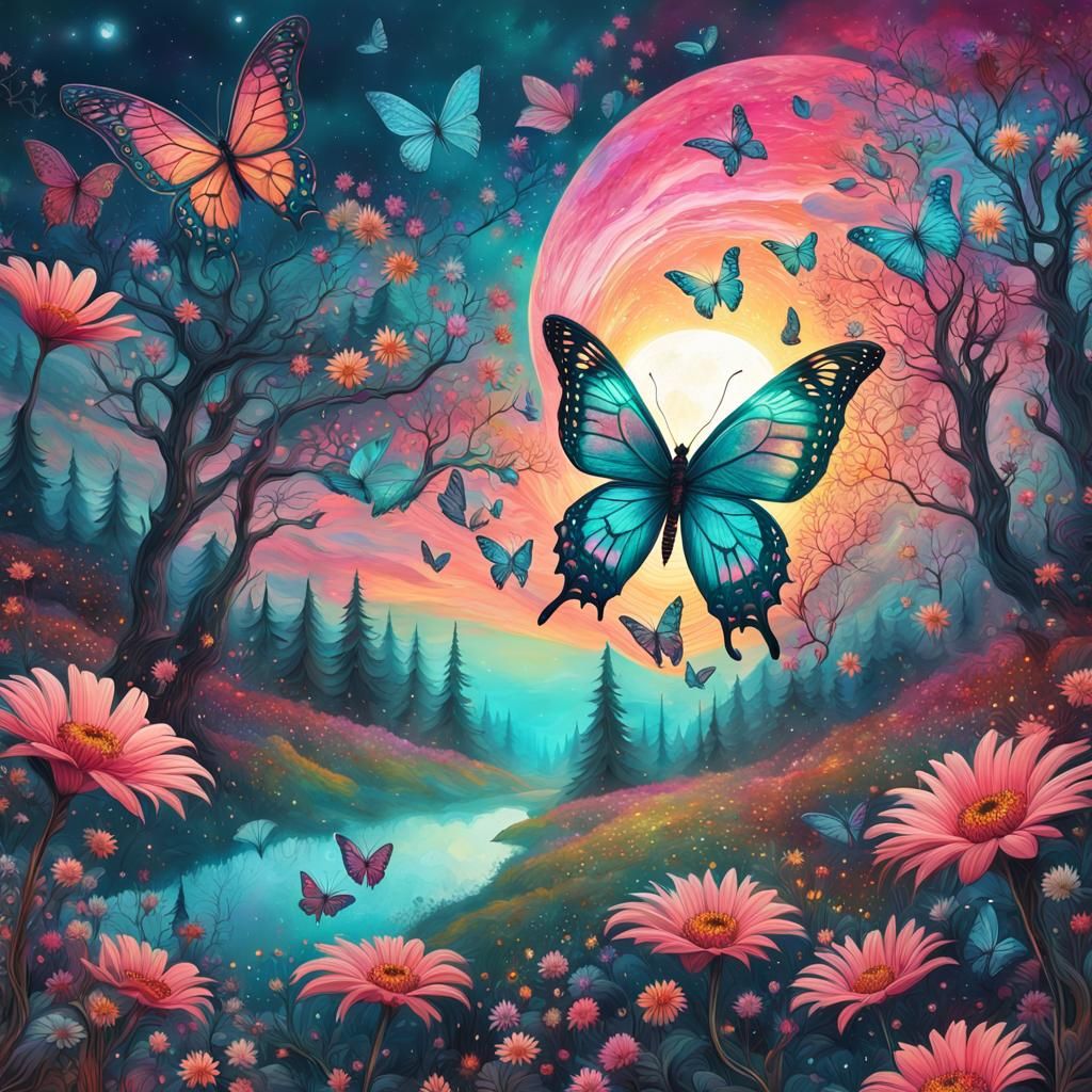 Teal and Pink Butterflies in a Burtonesque Landscape