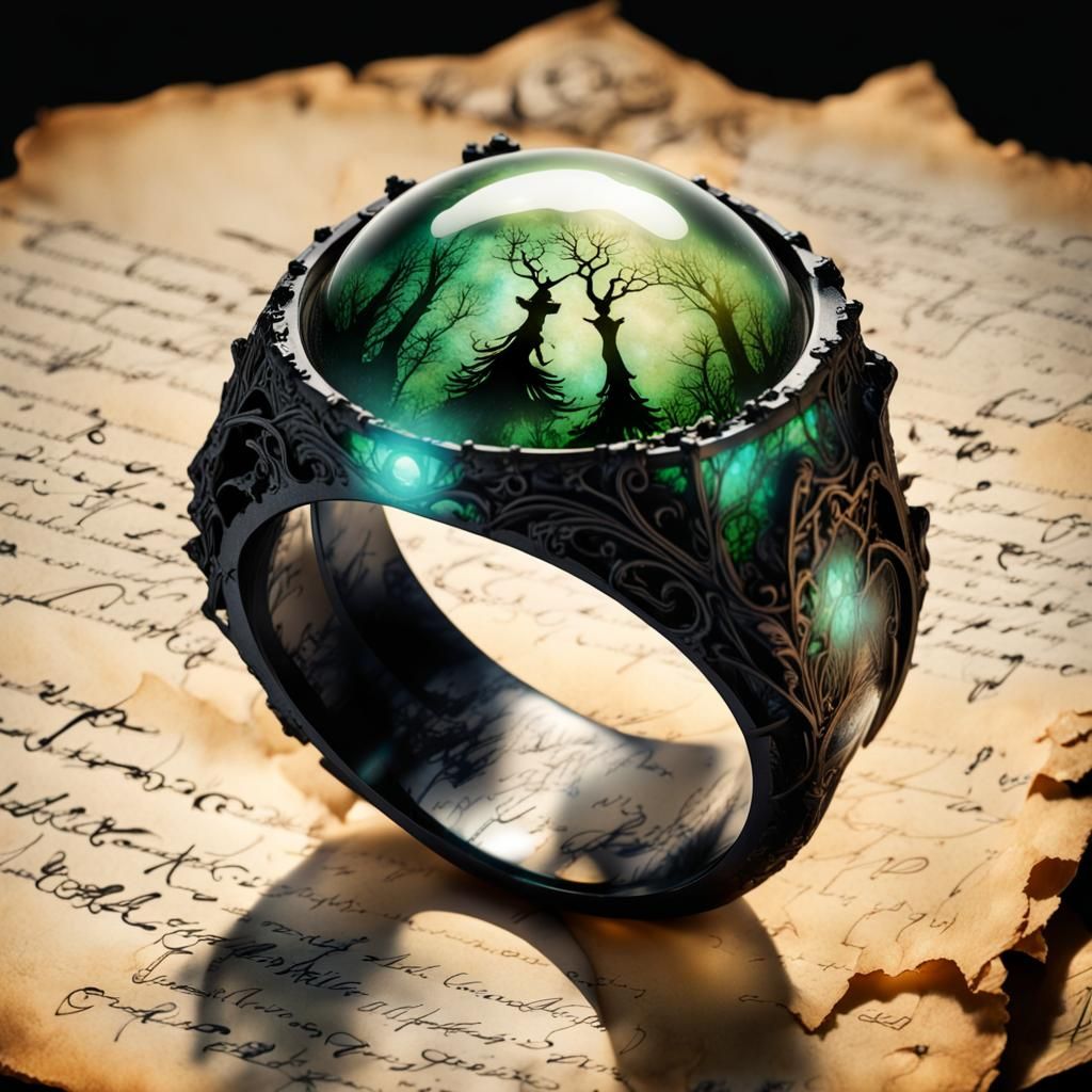 Luminescent Elven Ring on Parchment in Dark Forest