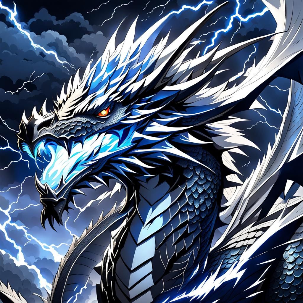 Anime Dragon with Silver Scales Flies Through Storm