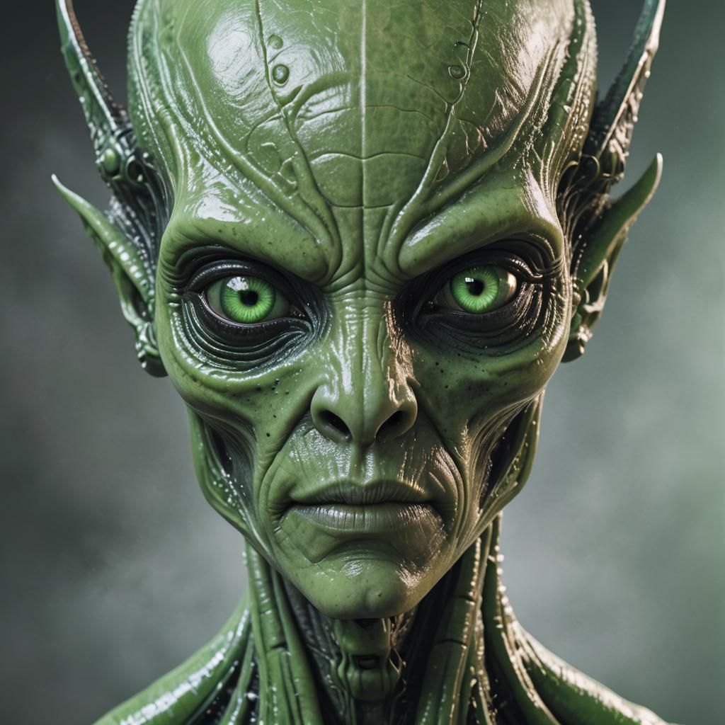 Realistic Alien Portrait with Green Eyes in 8K