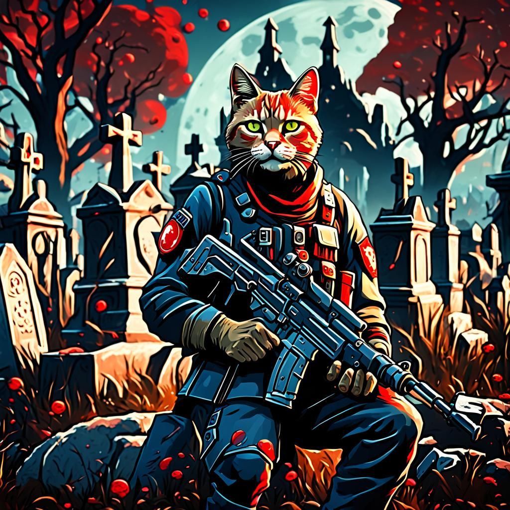 Military Cat Soldier in Graveyard under Red Moon