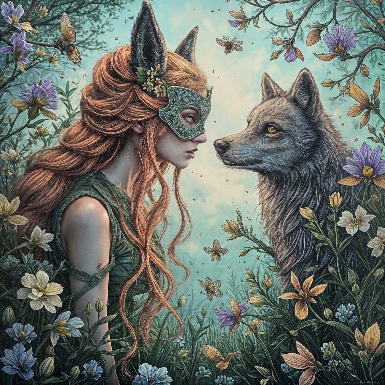 Mystical Girl in a Whimsical Garden Scene with a Wolf and Fl...
