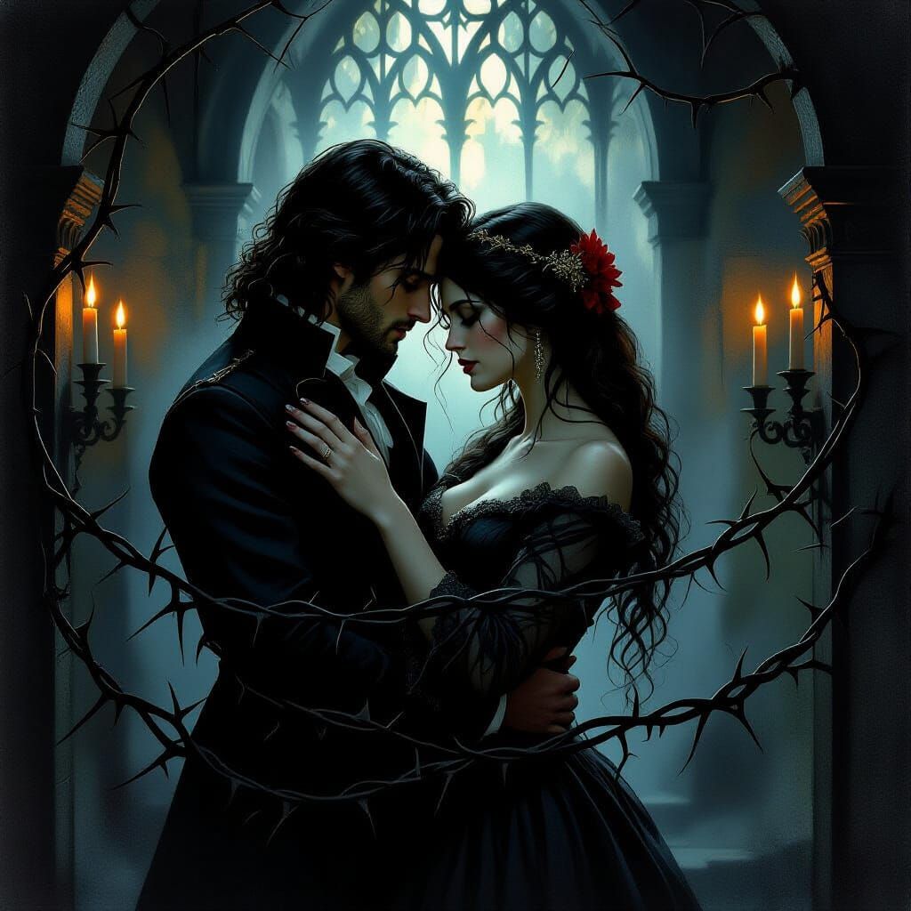 Gothic Romance: Couple Bound by Thorns in Candlelit Chamber