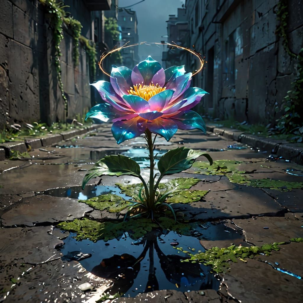 Surreal Iridescent Bloom Transcends Darkened Urban Landscape