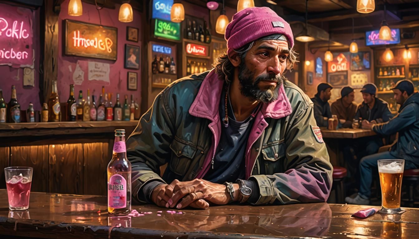 Homeless Person at Bar as Oil Painting