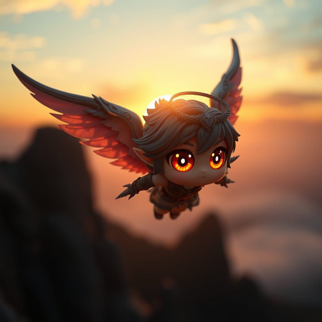 Chibi Angel flying off into a sunset