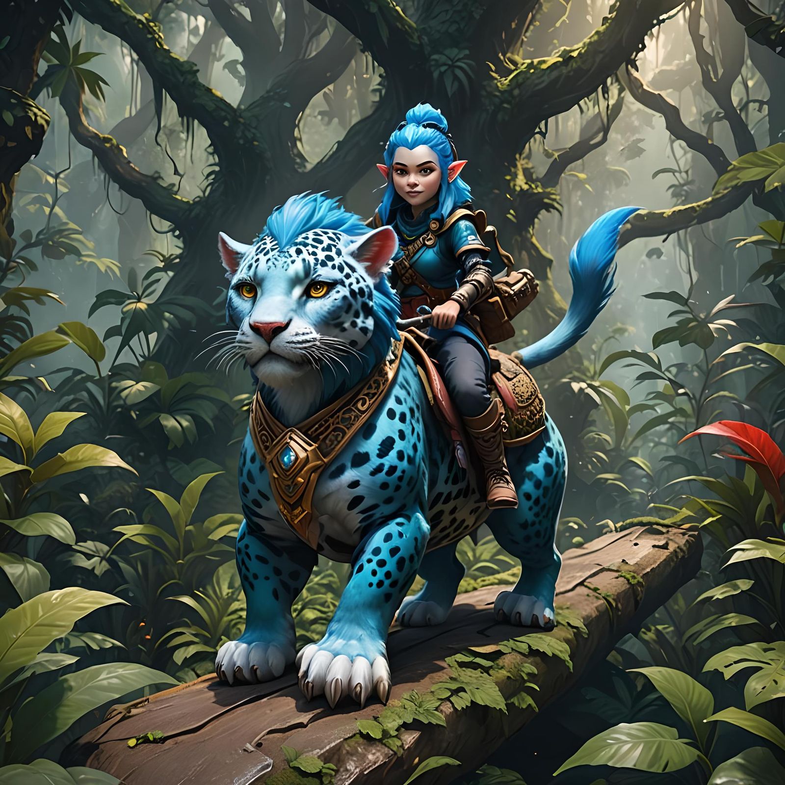 Gnome Rides Jaguar in Detailed Fantasy Jungle Art