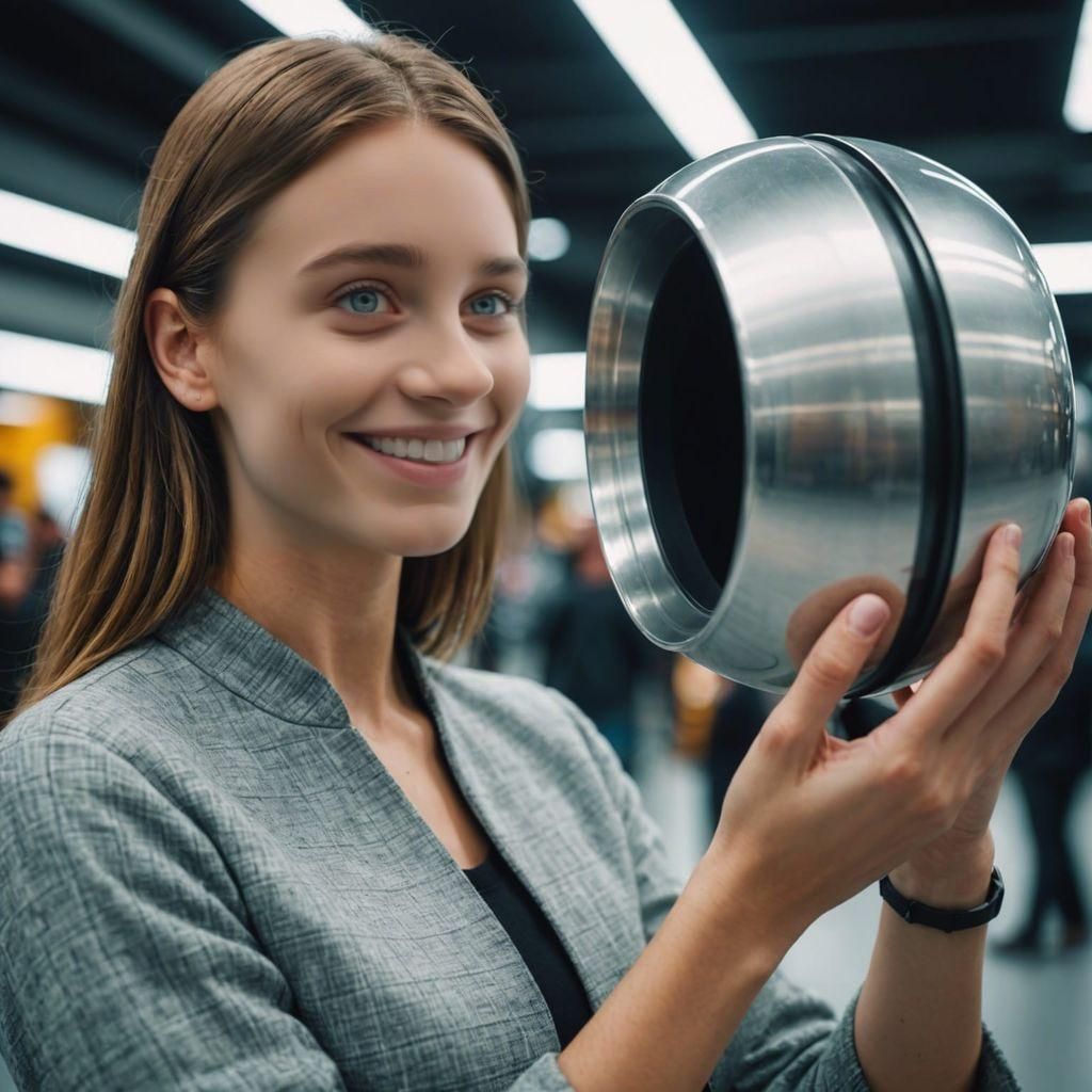 Beautiful Woman Smiles at Object: 8K Photorealistic Art