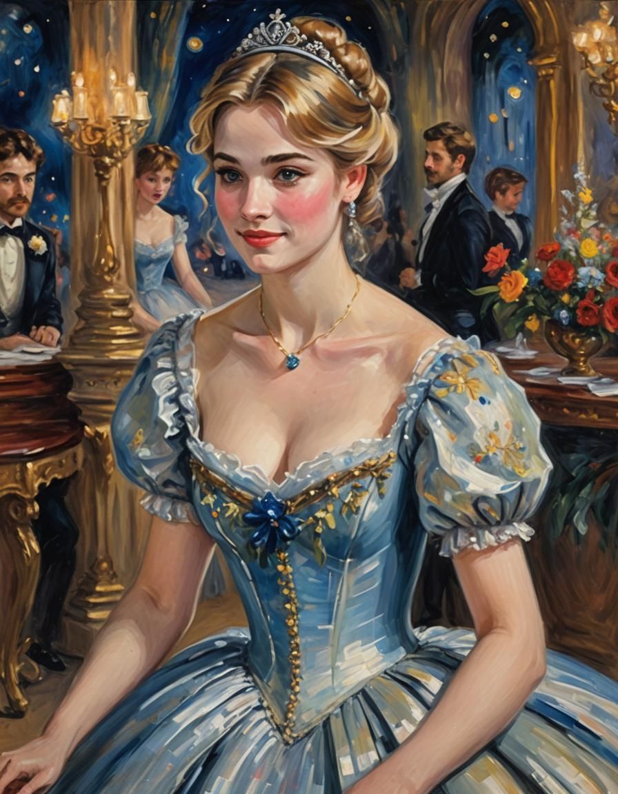 Cinderella at the Prince's Ball at night, in the style of Renoir and Monet, shy smile, Half body portrait
