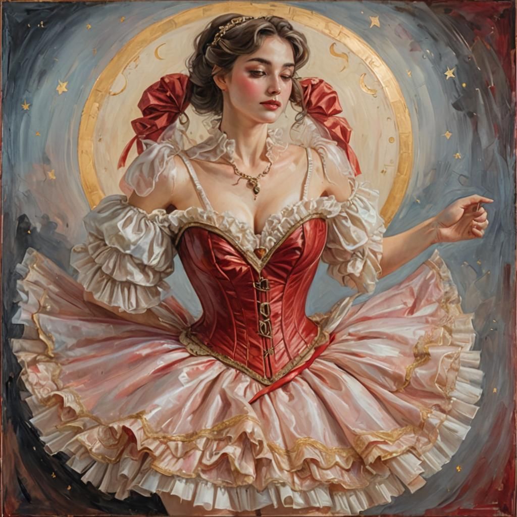 Ballerina in Romantic Oil Painting with Crescent Moon Detail...
