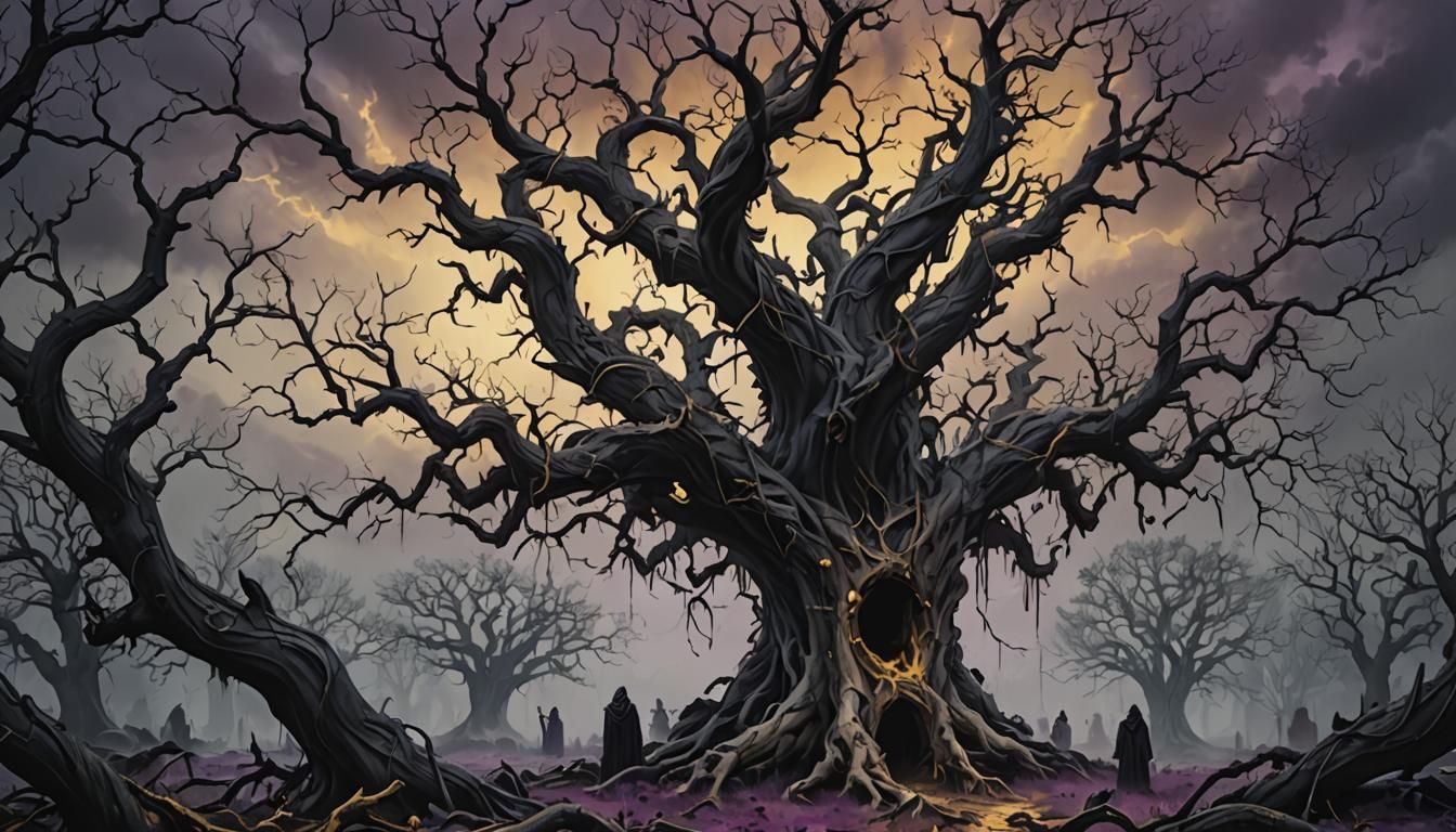 Dark Fantasy Tree with Spectral Figures