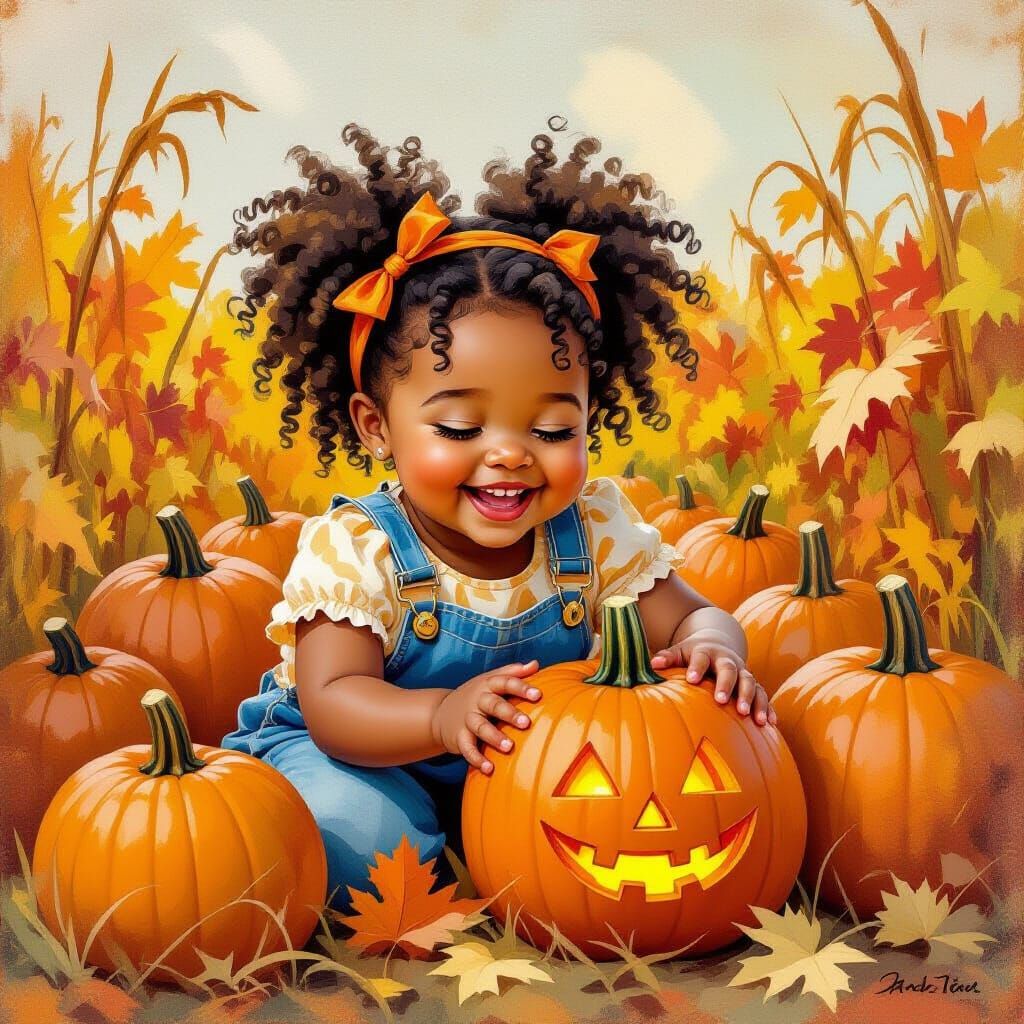 Chubby Girl Beaming at Pumpkin Patch