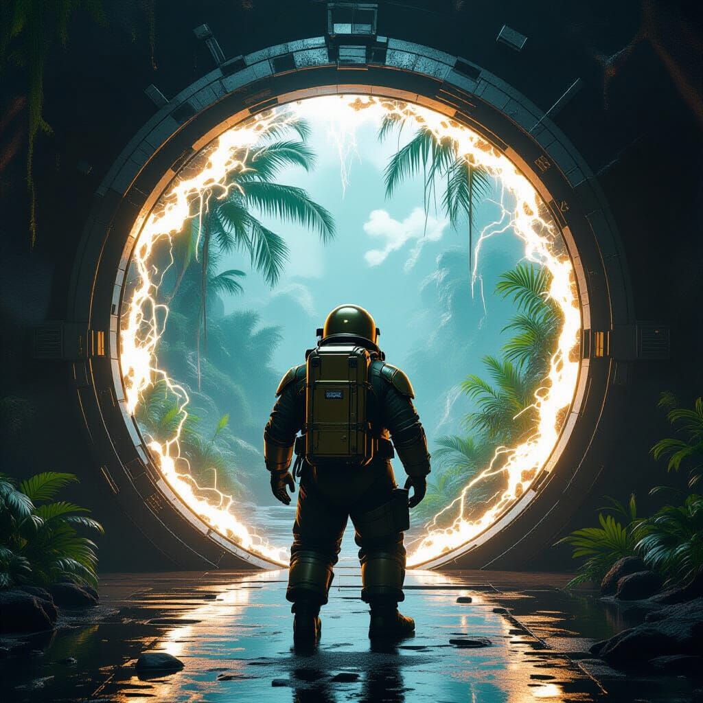 Walrus Explorer Faces Alien Portal in Matte Painting Style