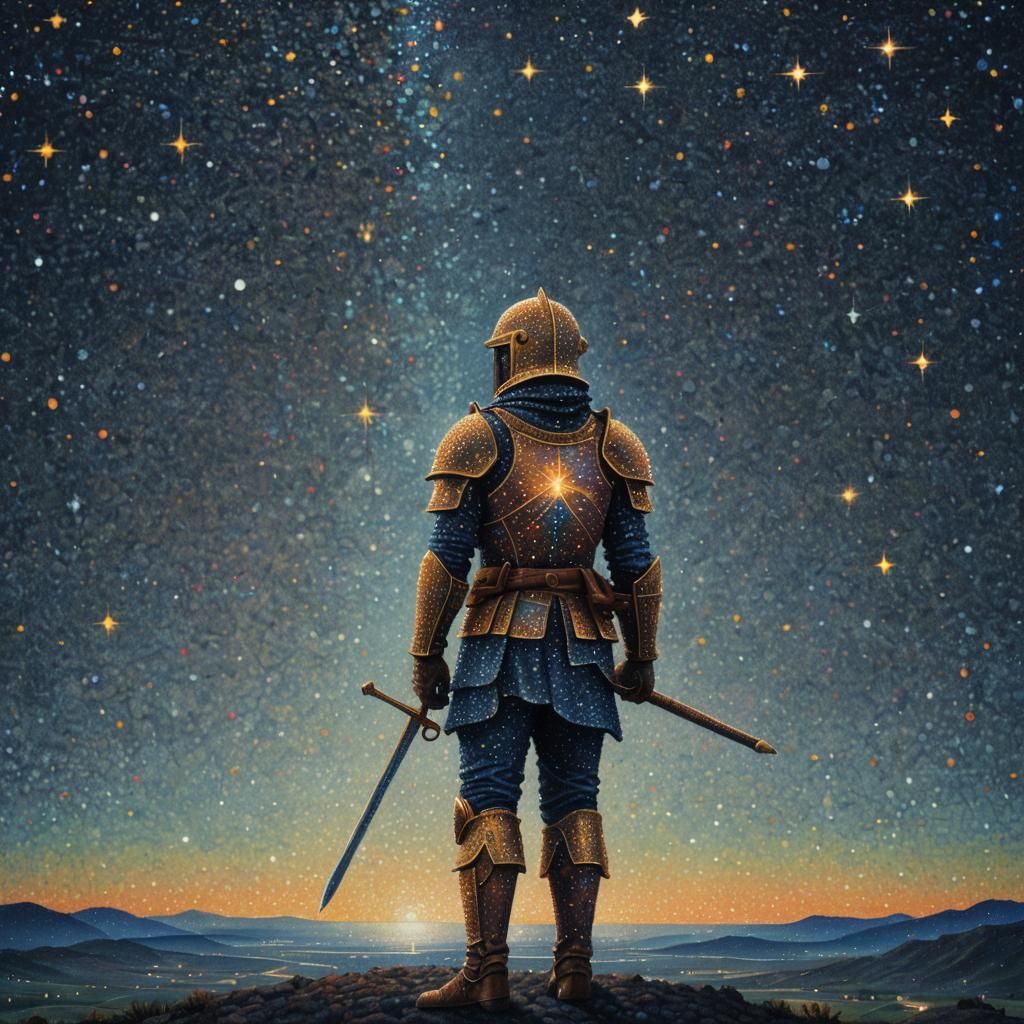 Minimalism meets Pointillism meets Hyperrealism: A lone warrior stands on a vast, empty plain under a starry sky, the si...
