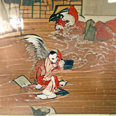 Tengu and Kitsune Bathing: Ukiyo-e Manga Illustration
