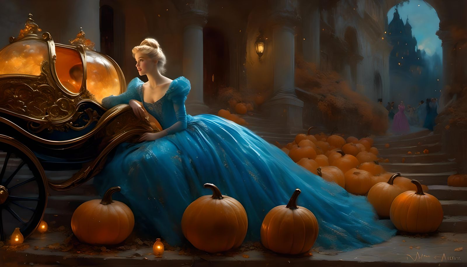 Cinderella in Pumpkin Carriage, Oil Painting Style