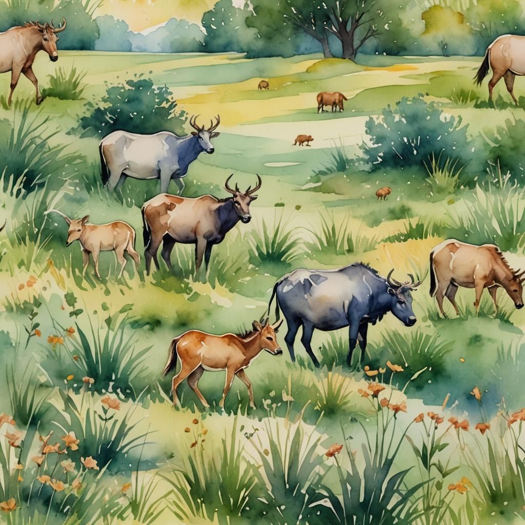 Watercolor Meadow with Grazing Animals in Dreamy Style