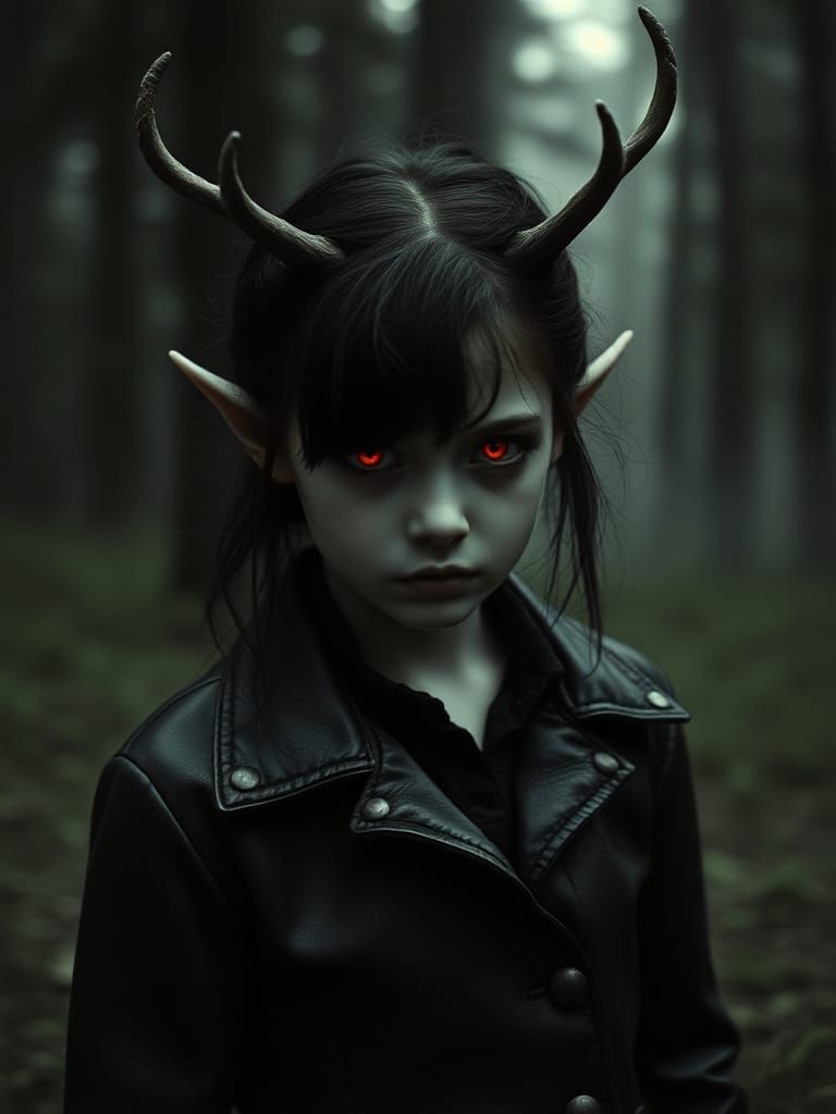 Eerie Gothic Elf in Misty Forest: High-Contrast Photo