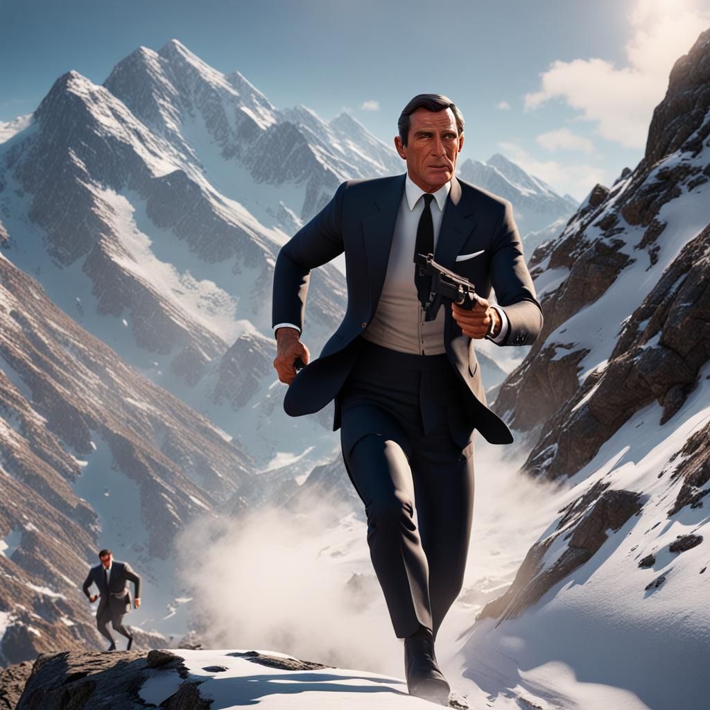 James Bond being chased by enemies down a mountain