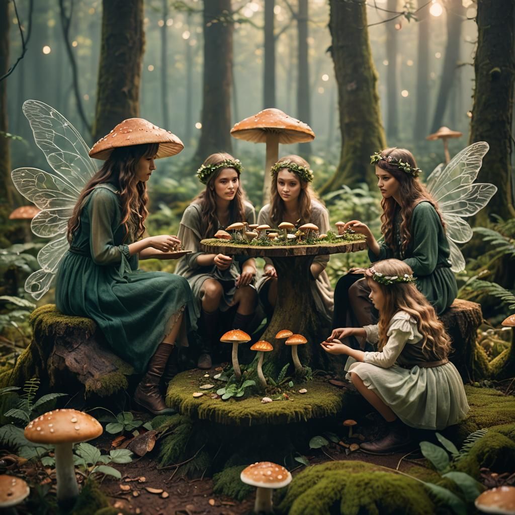 Fairies Discussing Humans in Misty Forest