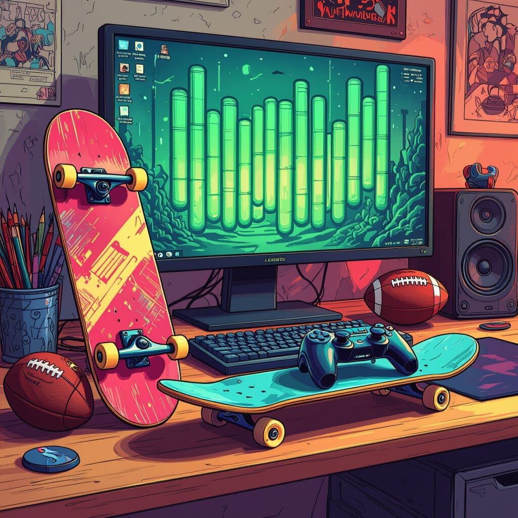 Skateboard & Gaming Desk with Retro Windows Screensaver