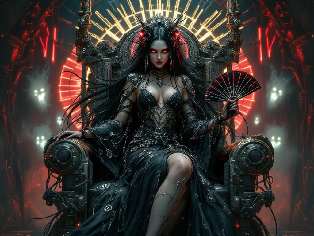 Gothic Cyborg Geisha on Metal Throne
