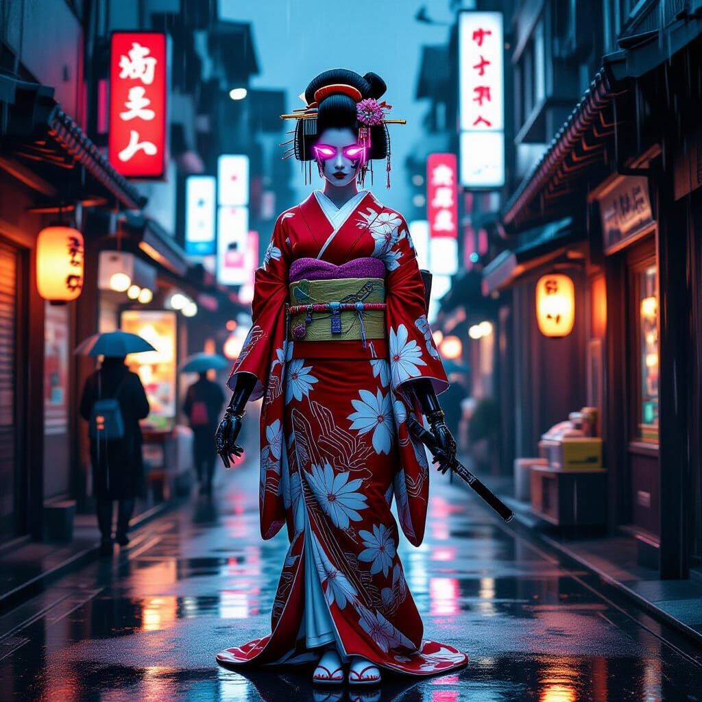 Cyberpunk Geisha in Rainy Tokyo Alley with Neon Glow