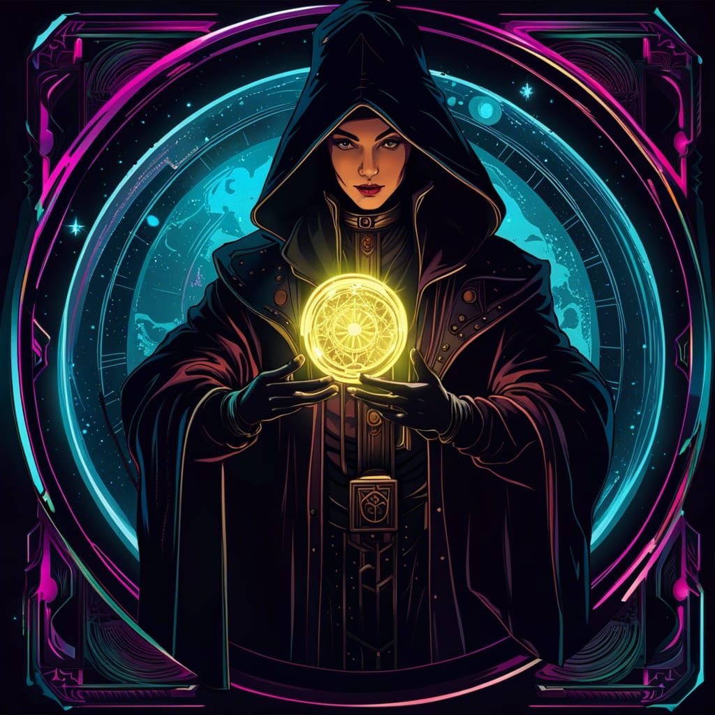 Cyberpunk Magician Tarot Card with Luminous Frame