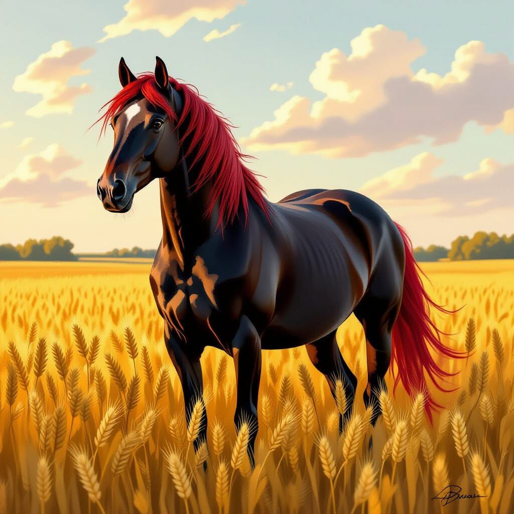 Powerful Black Horse with Red Mane in Golden Wheat Field